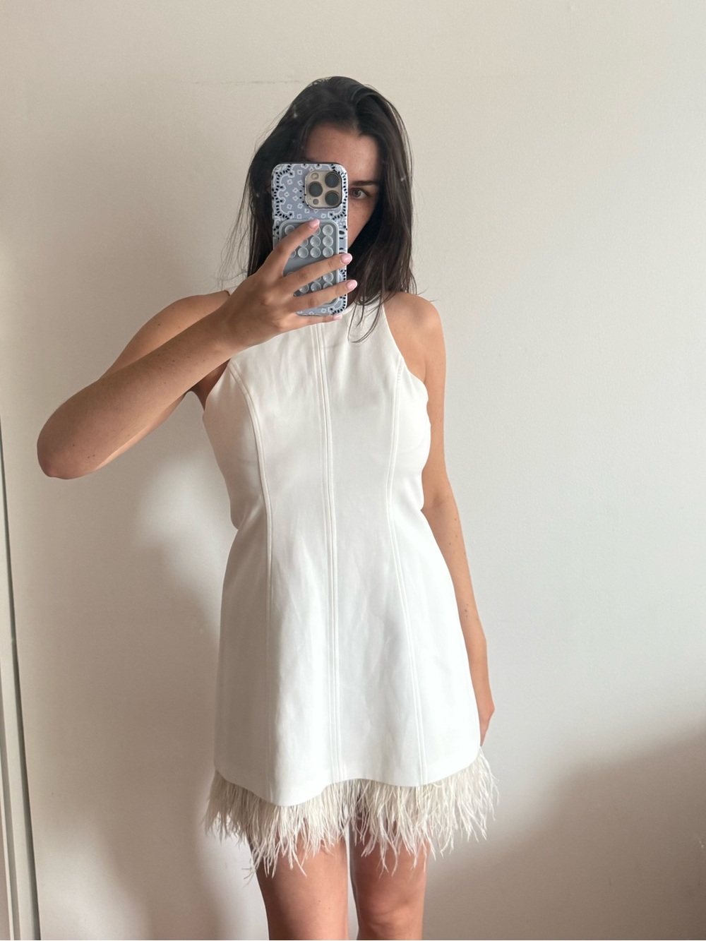 Cinq a sept Catherine White Feather-Hem Mini Dress